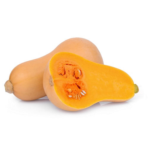 whole and half butternut squash isolated on white background COURGE BUTTERNUT | يقطينة طويلة | CALABAZA BUTTERNUT – Image 1